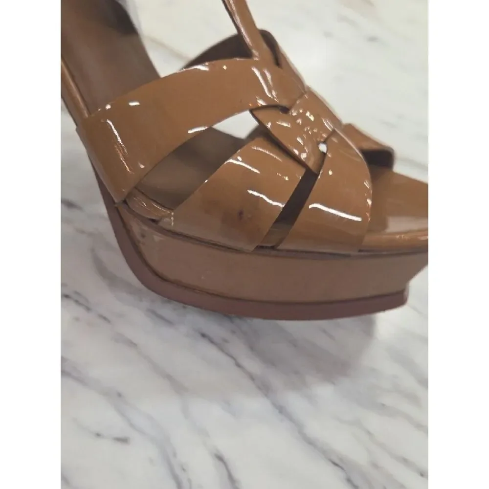 Yves Saint Laurent Patent Platform Sandal - Tan